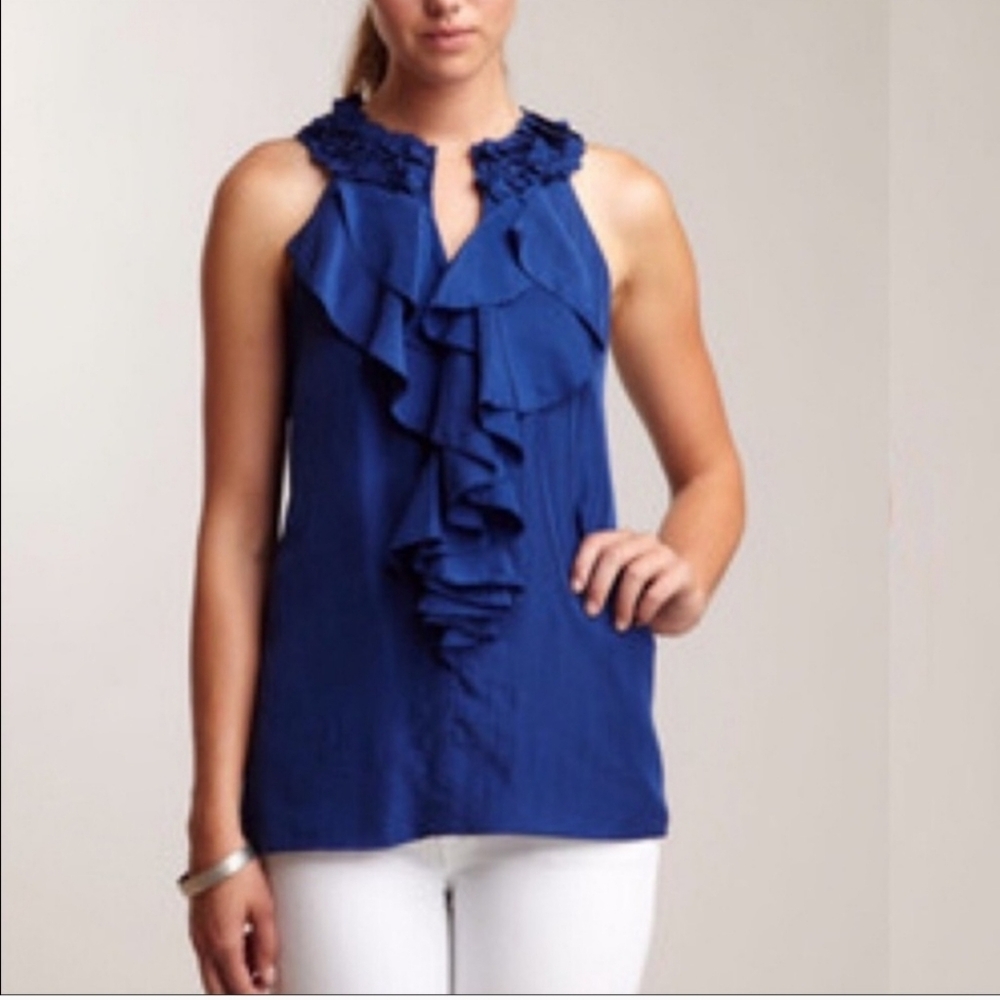 Robbi & Nikki by Robert Rodriguez Blue 100% Silk Sleeveless Ruffle Blouse XS